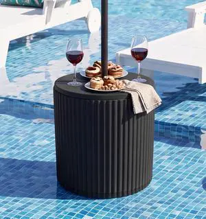 Outdoor Round Umbrella Side Table, Outdoor Patio Table with Umbrella Hole for Porch/Patio/Poolside, 3-in-1 Multi-Functional Use, Black Outdoor Round Umbrella Side Table, Outdoor Patio Table with Umbrella Hole for Porch/Patio/Poolside, 3-in-1 Multi-Functional Use, Black
