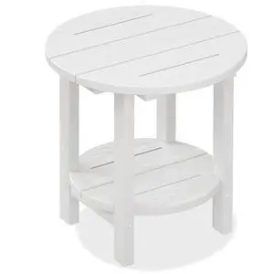Round Outdoor Side Table, HDPE Small Adirondack End Table,2-Tier Patio Side Table for Backyard Pool Porch Garden Lawn, White Round Outdoor Side Table, HDPE Small Adirondack End Table,2-Tier Patio Side Table for Backyard Pool Porch Garden Lawn, White