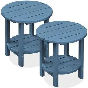 Round Outdoor Side Table Set of 2, HDPE Small Adirondack Double End Table, Navy Round Outdoor Side Table Set of 2, HDPE Small Adirondack Double End Table, Navy