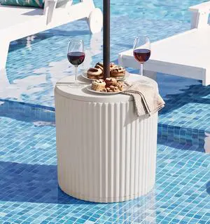 Outdoor Round Umbrella Side Table, 3-in-1 Ice Bucket & Side Table & Storage Box, Multi-Functional Use for Porch/Patio/Poolside, Beige Outdoor Round Umbrella Side Table, 3-in-1 Ice Bucket & Side Table & Storage Box, Multi-Functional Use for Porch/Patio/Poolside, Beige