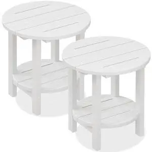 Round Outdoor Side Table Set of 2, HDPE Small Adirondack Double End Table, White Round Outdoor Side Table Set of 2, HDPE Small Adirondack Double End Table, White