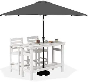 Outdoor Bar Set with 9ft Umbrella, All-Weather HDPE Patio Bar Chairs and Table, Outdoor Furniture Set, White (Umbreall Base not Included) Outdoor Bar Set with 9ft Umbrella, All-Weather HDPE Patio Bar Chairs and Table, Outdoor Furniture Set, White (Umbreall Base not Included)