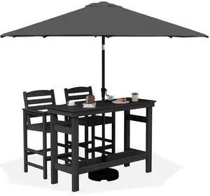 Outdoor Bar Set with 9ft Umbrella, All-Weather HDPE Patio Bar Chairs and Table, Outdoor Furniture Set, Black (Umbreall Base not Included) Outdoor Bar Set with 9ft Umbrella, All-Weather HDPE Patio Bar Chairs and Table, Outdoor Furniture Set, Black (Umbreall Base not Included)