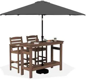 Outdoor Bar Set with 9ft Umbrella, All-Weather HDPE Patio Bar Chairs and Table, Outdoor Furniture Set, Brown (Umbreall Base not Included) Outdoor Bar Set with 9ft Umbrella, All-Weather HDPE Patio Bar Chairs and Table, Outdoor Furniture Set, Brown (Umbreall Base not Included)