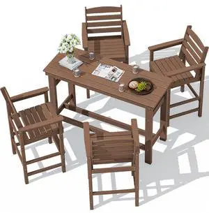 Outdoor Bar Set - 4 Adirondack Bar Chairs & Bar Height Table with 1.6" Umbrella Hole, All-Weather HDPE Patio Furniture for Poolside, Backyard, Garden - Brown Outdoor Bar Set - 4 Adirondack Bar Chairs & Bar Height Table with 1.6" Umbrella Hole, All-Weather HDPE Patio Furniture for Poolside, Backyard, Garden - Brown