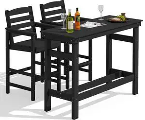 Outdoor Bar Set - 2 Adirondack Bar Chairs & Bar Height Table with 1.6" Umbrella Hole, All-Weather HDPE Patio Furniture for Poolside, Backyard, Garden - Black Outdoor Bar Set - 2 Adirondack Bar Chairs & Bar Height Table with 1.6" Umbrella Hole, All-Weather HDPE Patio Furniture for Poolside, Backyard, Garden - Black