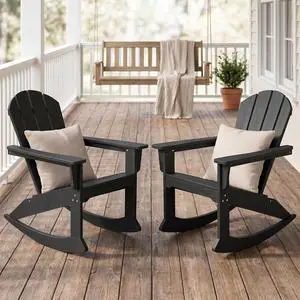 Outdoor Adirondack Rocking Chairs Set of 2 with Pillows(500 PP Cotton Filling), All-Weather HDPE Adirondack Rocker Chair, Front Porch Rocker Chairs for Patio Lawn Porch Deck, Black Outdoor Adirondack Rocking Chairs Set of 2 with Pillows(500 PP Cotton Filling), All-Weather HDPE Adirondack Rocker Chair, Front Porch Rocker Chairs for Patio Lawn Porch Deck, Black