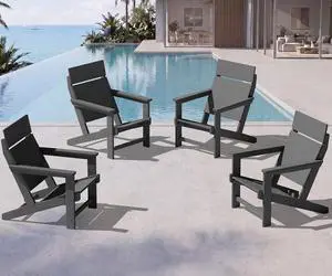 Modern Adirondack Chairs, Slatless HDPE Adirondack Chairs, Solid Backrest Plastic Outdoor Chairs Set of 4,Wood-Like Texture-Grey Modern Adirondack Chairs, Slatless HDPE Adirondack Chairs, Solid Backrest Plastic Outdoor Chairs Set of 4,Wood-Like Texture-Grey