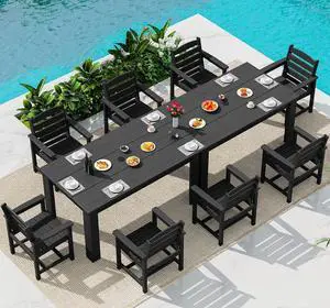 HDPE Dining Set for 8: 2 Umbrella Hole Tables + 8 Chairs. for Garden, Backyard, Poolside. Black HDPE Dining Set for 8: 2 Umbrella Hole Tables + 8 Chairs. for Garden, Backyard, Poolside. Black
