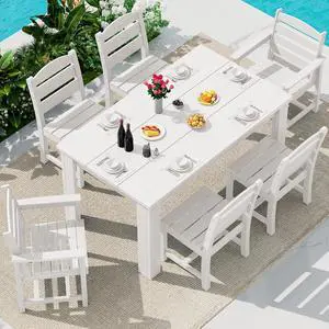 HDPE Dining Set for 6: 1 Umbrella Hole Table, 4 Armless + 2 Armchairs. for Patio, Garden, Backyard. White HDPE Dining Set for 6: 1 Umbrella Hole Table, 4 Armless + 2 Armchairs. for Patio, Garden, Backyard. White