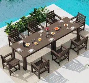 HDPE Dining Set for 8: 2 Umbrella Hole Tables + 8 Chairs. for Garden, Backyard, Poolside. Coffee HDPE Dining Set for 8: 2 Umbrella Hole Tables + 8 Chairs. for Garden, Backyard, Poolside. Coffee