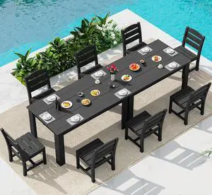 Outdoor Dining Set for 8 HDPE Patio Set with 2 Rectangular Tables, 8 Armless Chairs. Perfect for Garden, Backyard, Poolside, Black Outdoor Dining Set for 8 HDPE Patio Set with 2 Rectangular Tables, 8 Armless Chairs. Perfect for Garden, Backyard, Poolside, Black