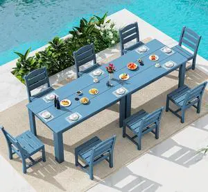 Outdoor Dining Set for 8 HDPE Patio Set with 2 Rectangular Tables, 8 Armless Chairs. Perfect for Garden, Backyard, Poolside, Blue Outdoor Dining Set for 8 HDPE Patio Set with 2 Rectangular Tables, 8 Armless Chairs. Perfect for Garden, Backyard, Poolside, Blue