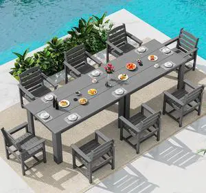 HDPE Dining Set for 8: 2 Umbrella Hole Tables + 8 Chairs. for Garden, Backyard, Poolside. Gray HDPE Dining Set for 8: 2 Umbrella Hole Tables + 8 Chairs. for Garden, Backyard, Poolside. Gray