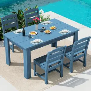 Outdoor Dining Sets for 4, HDPE Dining Sets for 4 Person with 1 Umbrella Hole Cut-Out Rectangular Table and 4 Armless Chairs, Patio Dining Sets for Garden, Backyard, Poolside, Blue Outdoor Dining Sets for 4, HDPE Dining Sets for 4 Person with 1 Umbrella Hole Cut-Out Rectangular Table and 4 Armless Chairs, Patio Dining Sets for Garden, Backyard, Poolside, Blue