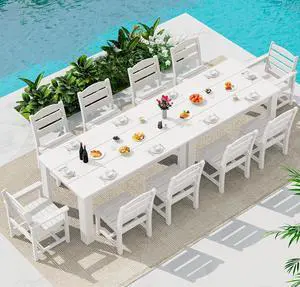 HDPE Dining Set for 10 2 Tables, 8 Armless + 2 Armchairs. Perfect for Garden, Backyard, Poolside. White HDPE Dining Set for 10 2 Tables, 8 Armless + 2 Armchairs. Perfect for Garden, Backyard, Poolside. White