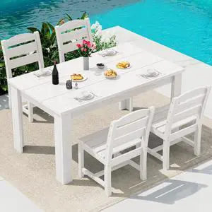 Outdoor Dining Sets for 4, HDPE Dining Sets for 4 Person with 1 Umbrella Hole Cut-Out Rectangular Table and 4 Armless Chairs, Patio Dining Sets for Garden, Backyard, Poolside, White Outdoor Dining Sets for 4, HDPE Dining Sets for 4 Person with 1 Umbrella Hole Cut-Out Rectangular Table and 4 Armless Chairs, Patio Dining Sets for Garden, Backyard, Poolside, White