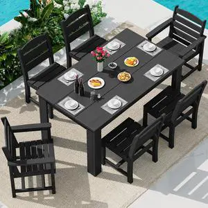 HDPE Dining Set for 6: 1 Umbrella Hole Table, 4 Armless + 2 Armchairs. for Patio, Garden, Backyard. Black HDPE Dining Set for 6: 1 Umbrella Hole Table, 4 Armless + 2 Armchairs. for Patio, Garden, Backyard. Black