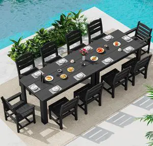 HDPE Dining Set for 10 2 Tables, 8 Armless + 2 Armchairs. Perfect for Garden, Backyard, Poolside. Black HDPE Dining Set for 10 2 Tables, 8 Armless + 2 Armchairs. Perfect for Garden, Backyard, Poolside. Black