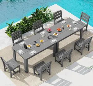 Outdoor Dining Set for 8 HDPE Patio Set with 2 Rectangular Tables, 8 Armless Chairs. Perfect for Garden, Backyard, Poolside, Gray Outdoor Dining Set for 8 HDPE Patio Set with 2 Rectangular Tables, 8 Armless Chairs. Perfect for Garden, Backyard, Poolside, Gray