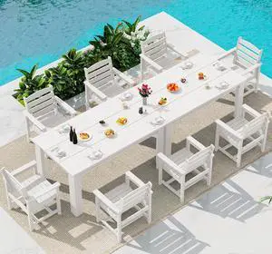 HDPE Dining Set for 8: 2 Umbrella Hole Tables + 8 Chairs. for Garden, Backyard, Poolside. White HDPE Dining Set for 8: 2 Umbrella Hole Tables + 8 Chairs. for Garden, Backyard, Poolside. White