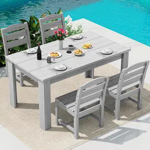 Outdoor Dining Sets for 4, Patio Dining Sets for 4 Person with 1 Umbrella Hole Cut-Out Rectangular Table and 4 Armless Chairs, Hdpe Dining Sets for Garden, Backyard, Poolside, Sliver Gray Outdoor Dining Sets for 4, Patio Dining Sets for 4 Person with 1 Umbrella Hole Cut-Out Rectangular Table and 4 Armless Chairs, Hdpe Dining Sets for Garden, Backyard, Poolside, Sliver Gray