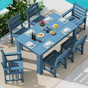 HDPE Dining Set for 6: 1 Umbrella Hole Table, 4 Armless + 2 Armchairs. for Patio, Garden, Backyard. Blue HDPE Dining Set for 6: 1 Umbrella Hole Table, 4 Armless + 2 Armchairs. for Patio, Garden, Backyard. Blue