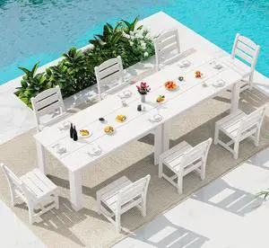 Outdoor Dining Set for 8 HDPE Patio Set with 2 Rectangular Tables, 8 Armless Chairs. Perfect for Garden, Backyard, Poolside, White Outdoor Dining Set for 8 HDPE Patio Set with 2 Rectangular Tables, 8 Armless Chairs. Perfect for Garden, Backyard, Poolside, White