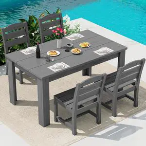 Outdoor Dining Sets for 4, HDPE Dining Sets for 4 Person with 1 Umbrella Hole Cut-Out Rectangular Table and 4 Armless Chairs, Patio Dining Sets for Garden, Backyard, Poolside, Gray Outdoor Dining Sets for 4, HDPE Dining Sets for 4 Person with 1 Umbrella Hole Cut-Out Rectangular Table and 4 Armless Chairs, Patio Dining Sets for Garden, Backyard, Poolside, Gray