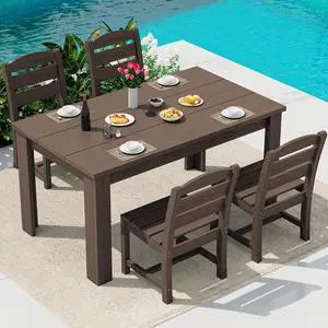 Outdoor Dining Sets for 4, HDPE Dining Sets for 4 Person with 1 Umbrella Hole Cut-Out Rectangular Table and 4 Armless Chairs, Patio Dining Sets for Garden, Backyard, Poolside, Coffee Outdoor Dining Sets for 4, HDPE Dining Sets for 4 Person with 1 Umbrella Hole Cut-Out Rectangular Table and 4 Armless Chairs, Patio Dining Sets for Garden, Backyard, Poolside, Coffee