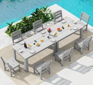 Outdoor Dining Set for 8 HDPE Patio Set with 2 Rectangular Tables, 8 Armless Chairs. Perfect for Garden, Backyard, Poolside, Sliver Gray Outdoor Dining Set for 8 HDPE Patio Set with 2 Rectangular Tables, 8 Armless Chairs. Perfect for Garden, Backyard, Poolside, Sliver Gray
