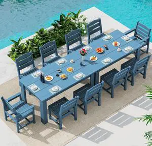 HDPE Dining Set for 10 2 Tables, 8 Armless + 2 Armchairs. Perfect for Garden, Backyard, Poolside. Blue HDPE Dining Set for 10 2 Tables, 8 Armless + 2 Armchairs. Perfect for Garden, Backyard, Poolside. Blue