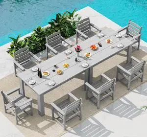 HDPE Dining Set for 8: 2 Umbrella Hole Tables + 8 Chairs. for Garden, Backyard, Poolside, Sliver Gray HDPE Dining Set for 8: 2 Umbrella Hole Tables + 8 Chairs. for Garden, Backyard, Poolside, Sliver Gray