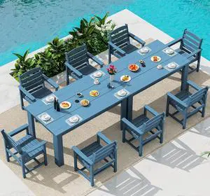 HDPE Dining Set for 8: 2 Umbrella Hole Tables + 8 Chairs. for Garden, Backyard, Poolside. Blue HDPE Dining Set for 8: 2 Umbrella Hole Tables + 8 Chairs. for Garden, Backyard, Poolside. Blue