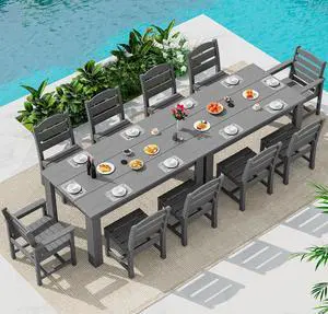 HDPE Dining Set for 10 2 Tables, 8 Armless + 2 Armchairs. Perfect for Garden, Backyard, Poolside. Gray HDPE Dining Set for 10 2 Tables, 8 Armless + 2 Armchairs. Perfect for Garden, Backyard, Poolside. Gray