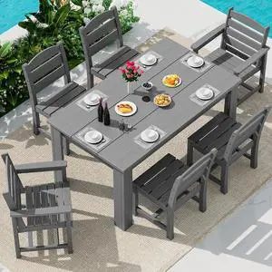 HDPE Dining Set for 6: 1 Umbrella Hole Table, 4 Armless + 2 Armchairs. for Patio, Garden, Backyard. Gray HDPE Dining Set for 6: 1 Umbrella Hole Table, 4 Armless + 2 Armchairs. for Patio, Garden, Backyard. Gray