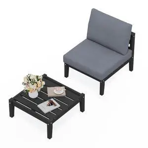 HDPE Patio Furniture Set, 2 Pieces Outdoor Sectional Sofa Set, All-Weather Wood-Like Outdoor Sofa Couch with Coffee Table for Deck, Lawn, Black Frame with Grey Cushion HDPE Patio Furniture Set, 2 Pieces Outdoor Sectional Sofa Set, All-Weather Wood-Like Outdoor Sofa Couch with Coffee Table for Deck, Lawn, Black Frame with Grey Cushion
