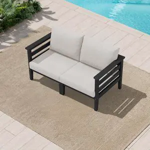 HDPE Patio Furniture Set, 2 Pieces Outdoor Sectional Sofa Set, All-Weather Wood-Like Outdoor Loveseat for Deck, Lawn, Black Frame with Khaki Cushion HDPE Patio Furniture Set, 2 Pieces Outdoor Sectional Sofa Set, All-Weather Wood-Like Outdoor Loveseat for Deck, Lawn, Black Frame with Khaki Cushion