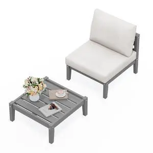 HDPE Patio Furniture Set, 2 Pieces Outdoor Sectional Sofa Set, All-Weather Wood-Like Outdoor Sofa Couch with Coffee Table for Deck, Lawn, Grey Frame with Khaki Cushion HDPE Patio Furniture Set, 2 Pieces Outdoor Sectional Sofa Set, All-Weather Wood-Like Outdoor Sofa Couch with Coffee Table for Deck, Lawn, Grey Frame with Khaki Cushion