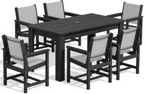 7 Piece Outdoor Dining Sets with 1 Umbrella Hole Cut-Out Rectangular Table and 6 Textilene Chairs, HDPE Dining Sets for 6 Person, Black 7 Piece Outdoor Dining Sets with 1 Umbrella Hole Cut-Out Rectangular Table and 6 Textilene Chairs, HDPE Dining Sets for 6 Person, Black