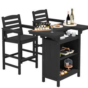 Outdoor Bar Table Set (1 Table with 2 Chairs) HDPE Black Patio Bar Cabinet with 4-Tier Storage & Spacious Tabletop, Perfect for Outdoor, Poolside, Backyard Outdoor Bar Table Set (1 Table with 2 Chairs) HDPE Black Patio Bar Cabinet with 4-Tier Storage & Spacious Tabletop, Perfect for Outdoor, Poolside, Backyard