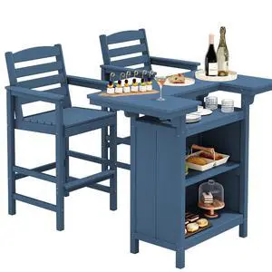 Outdoor Bar Table Set (1 Table with 2 Chairs) HDPE Blue Patio Bar Cabinet with 4-Tier Storage & Spacious Tabletop, Perfect for Outdoor, Poolside, Backyard Outdoor Bar Table Set (1 Table with 2 Chairs) HDPE Blue Patio Bar Cabinet with 4-Tier Storage & Spacious Tabletop, Perfect for Outdoor, Poolside, Backyard