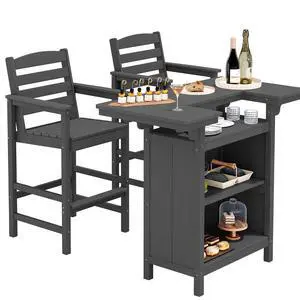 Outdoor Bar Table Set (1 Table with 2 Chairs) HDPE Grey Patio Bar Cabinet with 4-Tier Storage & Spacious Tabletop, Perfect for Outdoor, Poolside, Backyard Outdoor Bar Table Set (1 Table with 2 Chairs) HDPE Grey Patio Bar Cabinet with 4-Tier Storage & Spacious Tabletop, Perfect for Outdoor, Poolside, Backyard