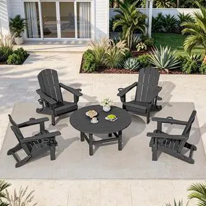 5-Piece Outdoor Furniture Set, Round Coffee Table with Umbrella Hole & Adirondack Chairs with Cup Holders, Grey 5-Piece Outdoor Furniture Set, Round Coffee Table with Umbrella Hole & Adirondack Chairs with Cup Holders, Grey