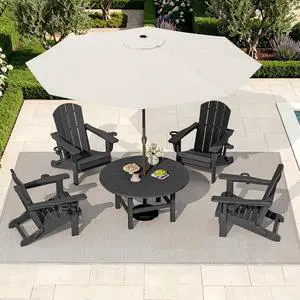 6-Piece Patio Set, 4 Folding Adirondack Chairs with Cup Holders, Round Table & Center Pole Umbrella, HDPE Plastic, Grey 6-Piece Patio Set, 4 Folding Adirondack Chairs with Cup Holders, Round Table & Center Pole Umbrella, HDPE Plastic, Grey