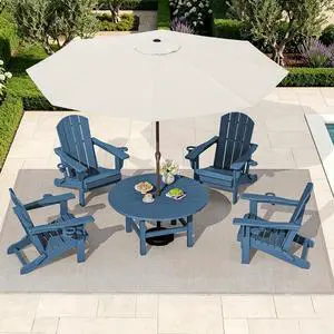 6-Piece Patio Set, 4 Folding Adirondack Chairs with Cup Holders, Round Table & Center Pole Umbrella, HDPE Plastic, Blue 6-Piece Patio Set, 4 Folding Adirondack Chairs with Cup Holders, Round Table & Center Pole Umbrella, HDPE Plastic, Blue