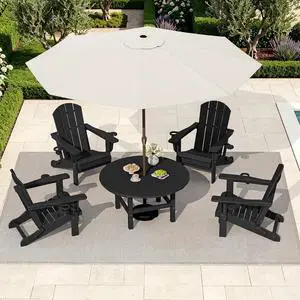 6-Piece Patio Set, 4 Folding Adirondack Chairs with Cup Holders, Round Table & Center Pole Umbrella, HDPE Plastic, Black 6-Piece Patio Set, 4 Folding Adirondack Chairs with Cup Holders, Round Table & Center Pole Umbrella, HDPE Plastic, Black