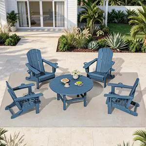 5-Piece Outdoor Furniture Set, Round Coffee Table with Umbrella Hole & Adirondack Chairs with Cup Holders, Blue 5-Piece Outdoor Furniture Set, Round Coffee Table with Umbrella Hole & Adirondack Chairs with Cup Holders, Blue