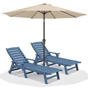 Patio Chaise Lounge Chair Set of 2 with 9FT Patio Umbrella, Blue (Umbreall Base not Included) Patio Chaise Lounge Chair Set of 2 with 9FT Patio Umbrella, Blue (Umbreall Base not Included)