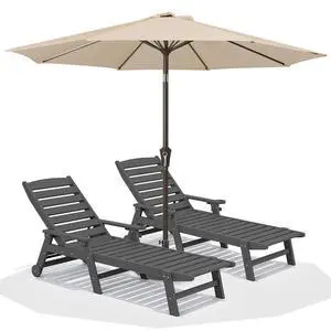 Patio Chaise Lounge Chair Set of 2 with 9FT Patio Umbrella, 78'' HDPE Outdoor Lounger, Poly Lounge Chair with Rolling Wheels & Cup Holder for Pool,Slate Gray (Umbreall Base not Included) Patio Chaise Lounge Chair Set of 2 with 9FT Patio Umbrella, 78'' HDPE Outdoor Lounger, Poly Lounge Chair with Rolling Wheels & Cup Holder for Pool,Slate Gray (Umbreall Base not Included)